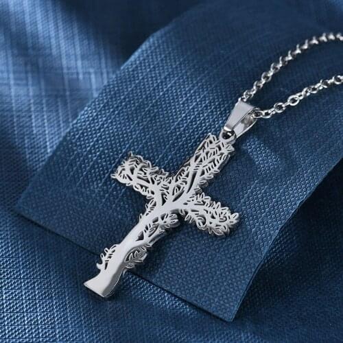 Jesus Cross Tree of Life Pendant Necklace Beads Link Chain Catholic Stainless Steel Charming Clavicle Jewelry