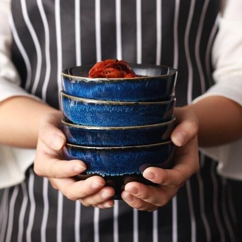 Ceramic Bowl Household Creative Personality Rice Bowl Blue Gradual Change Small Bowl 4.5 Inch Student Bowl Japanese Soup Bowl