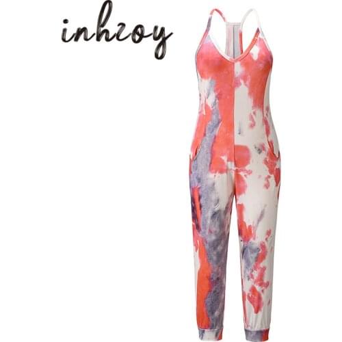 Colorful Tie-dye Jumpsuit Women Summer Adult Casual Bodysuit Spaghetti Straps V Neck Sleeveless Romper Pockets Playsuit Overalls