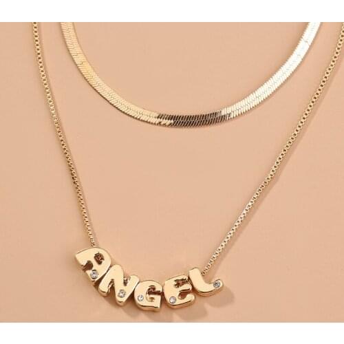 Personality Angel Letter Pendant Necklaces for Women Ladies Gold Color Thin Chunky Chain Double Layers Chokers Necklace Gifts