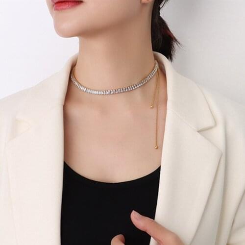 Trendy Rectangular Cubic Zirconia Chocker Necklace Women Neck Chain, Elegant Gold Plated Stainless Steel Necklaces Jewelry