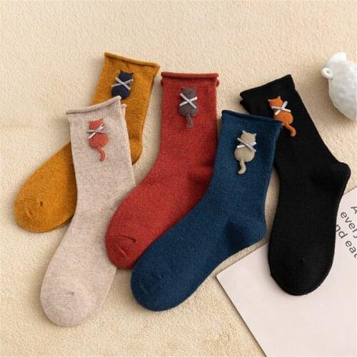 Cute Cartoon Cat Wool Crew Socks Thick Warm 3D Animals Medium Tube Socks Korean Harajuku Cotton Long Socks for Girls Women