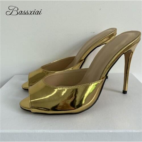 Sexy 10cm Stiletto Heel Outwear Mules Lady Summer Peep Toe Slingbacks Patent Leather Concise Slip-on Sandals Women