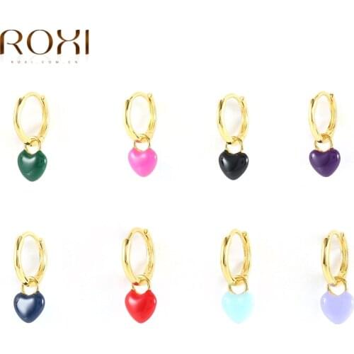 ROXI 925 Sterling Silver Hoop Earrings With Cute Candy Neon Color Enamel Heart Charm Drop Earring Gold Silver Color For Girls