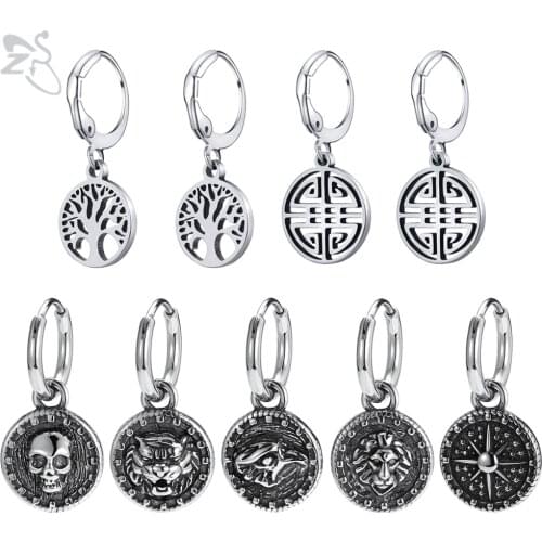 ZS 2 PCS 316L Stainless Steel Punk Drop Earring For Women Men Vintage Retro Round Earrings Skull Animals Pattern Earring Jewelry