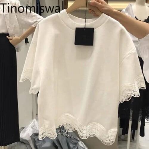Tinomiswa Lace Patchwork Summer T Shirt Women O Neck Short Sleeve Tshirts 2021 New Arrival Casual Loose Tees Camisetas Mujer