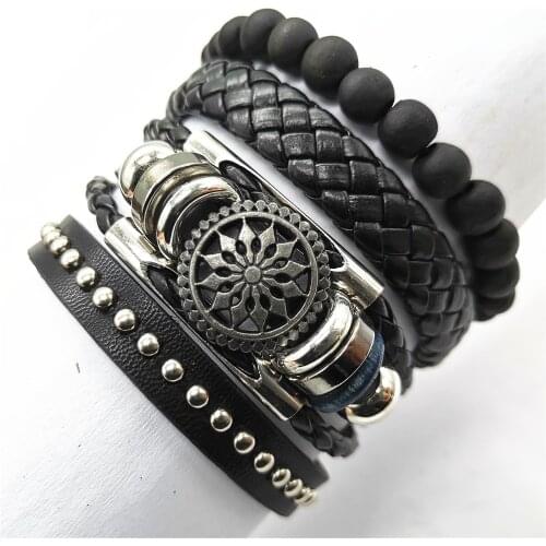 Rivet Alloy Flower Black Wing Blade Beads Skull Leather Bracelets 4pcs/set Men Bracelets Women Fashion Jewelry Accessories