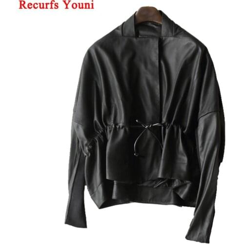 Womens Clothing Great Texture Women Loose Casual Genuine Leather Jacket Female Imported Frosted Sheepskin Drawstring Waist Coat