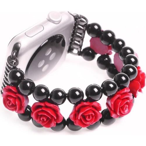 Luxury Women Bracelet Agate Rose Carved Strap for Apple Watch SE Band Series 6 5 4 3 Elastic Belt for iWatch 40mm 44mm 38/42mm