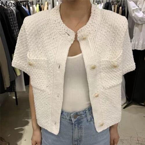 2020 Autumn Korean Vintage Knitted Cardigans Sweaters Women Single-breasted Short Sleeve O-neck Pockets Elegant Ladies Cardigans