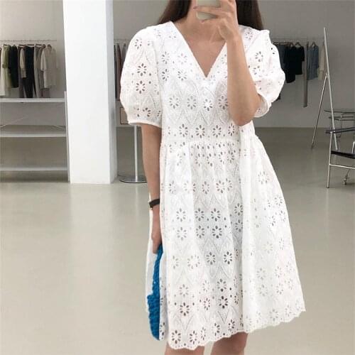 Alien Kitty V-Neck Hollow Out Sweet Loose Puff Sleeves Mini Dress 2021 New Femme Summer Stylish Prom Vintage Women Robe Vestidos