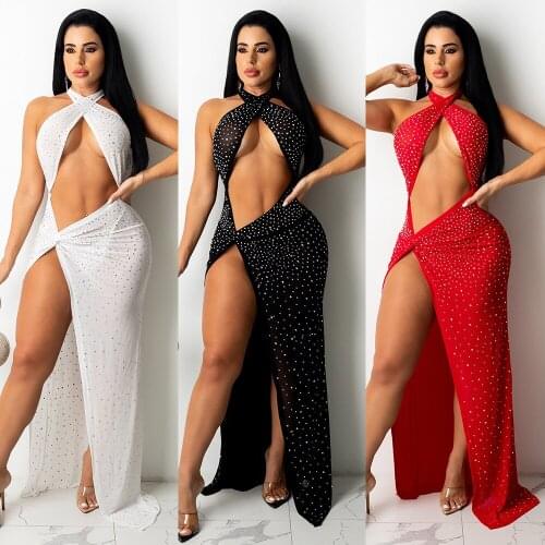 Diamonds Mesh Patchwork Maix Dress Woman Hlater Sleeveless Hollow Out Cross High Split Long Robe Club Vestidos Night Club Outfit