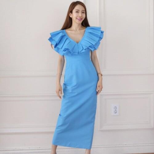 Women Summer Elegant Sexy V-neck Sleeveless Ruffles Bodycon Pencil Dresses Female New 2021 Vestidos Mujer