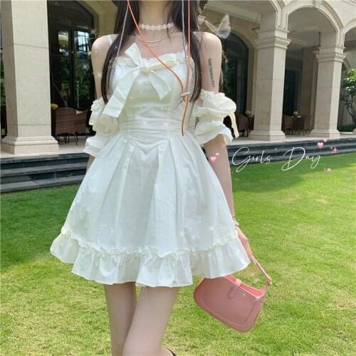 2021White Kawaii Fairy Strap Dress Women Patchwork Off Shoulder Sexy Party Mini Dresses Bow Ruffle Sweet Cute Princess Sundress