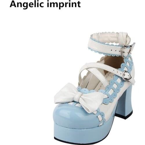 Angelic imprint woman mori girl lolita cosplay shoes lady high thin heels pumps women princess dress party shoes 7.5cm 33-47 bow