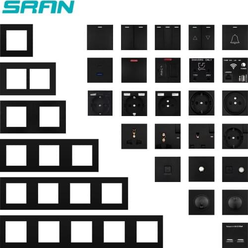 SRAN A1 Series Black PC Panel Wall Switch EU French Power Socket USB Doorbell TV RJ45 Module DIY
