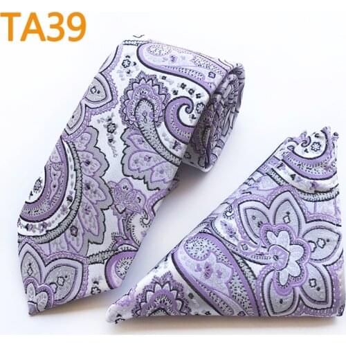 Men Ties Set Light Purple Paisley Necktie Gravata with Pocket Square