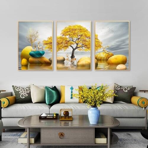 No frame River landscape poster and prints canvas painting unframed wall art canvas golden tree deer wall picture