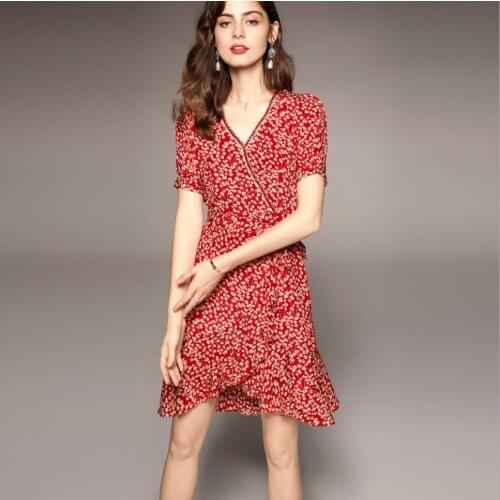 Red Black Cherry Printing Summer Female Mini Dress V-Neck Zipper A-Line Short Ladies Skirt Silk Comfortable Sweet Waist Dresses