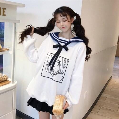 Japanese Girl Cute Womens Pullover Winter Long Sleeve Hoodies Navy Collar Sweatshirt Girls 2018 Winter Fashion White