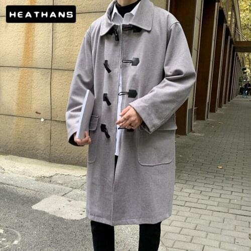 Mens Trenchs Couples Autumn Horn Button Woolen Outwear Male Students Leisure Koran Handsome Mid Length Jackets Men Solid Coats