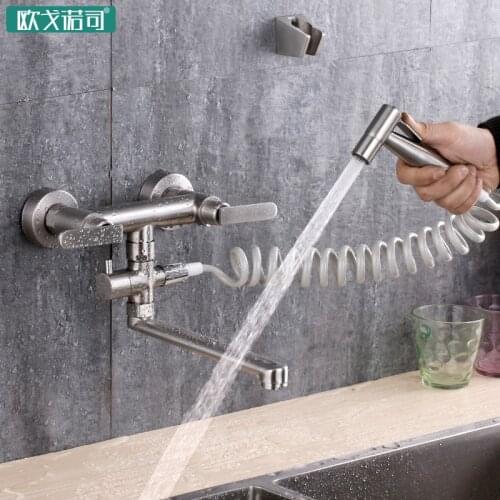 Wall set kitchen faucet double handle mixing water tap for sink