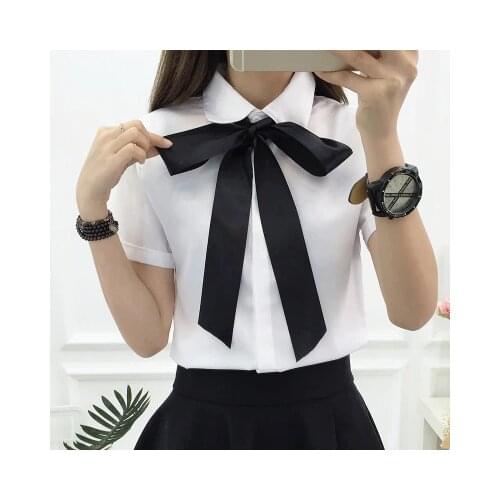 Cheap Work Fashion Female Elegant Bow Tie White Blouses Chiffon Turn Down Collar Shirt Ladies Tops School Blouse Women