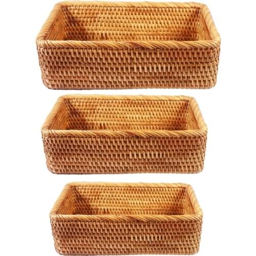 2021 New Rectangular Hand-woven Basket Rattan Candy Storage Picnic Tray Food Bread Dishes