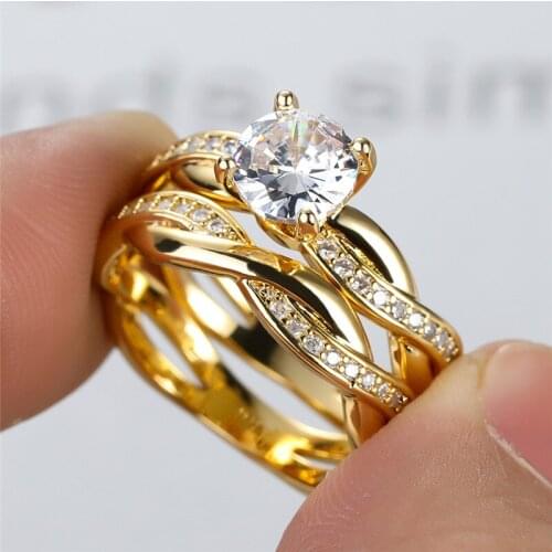 Luxury Crystal Round Stone Ring Set White Zircon Engagement Rings For Women Fashion Jewelry Rose Gold Silver Color Wedding Ring