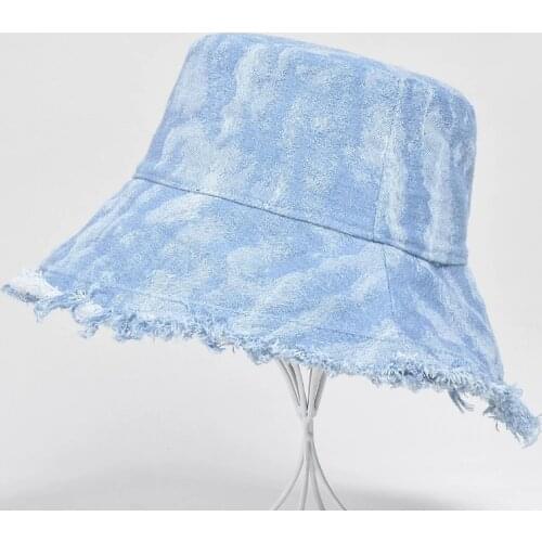 Fisherman hat female spring and summer denim raw edge washed tie-dye Korean version of the tide show face small shade sun protec