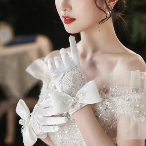 Bridal Gloves Bowknot Pearl Beaded Satin Gloves Wowen Wedding Gloves For Bride Finger Gants De Femmes Dress With Gloves