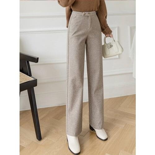 Warm Winter Thicken Women Straight Pants Elegant Plus Size Wool Pants Female Autumn High Waist Loose Trousers Capris 2021