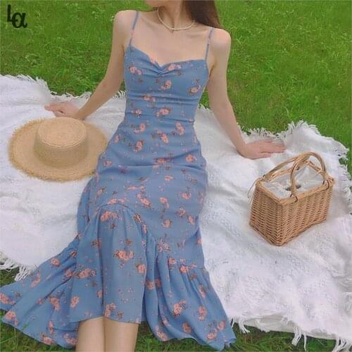 Luck A French Retro V-Neck Strap Blue Floral Print Chiffon Dress Womem Vintage Sweet Midi Dress Ruffles Casual Long Dress 2021