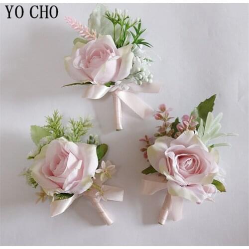 YO CHO Pink Boutonniere Flowers Wedding Wrist Corsage Pins Groom Boutonniere Buttonhole Men Wedding Witness Marriage Accessories