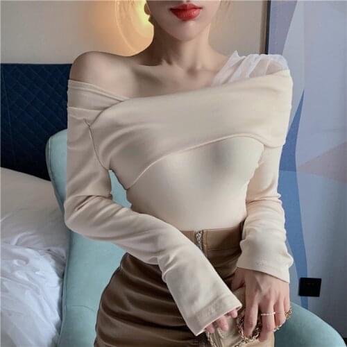 Female Patched Mesh Sexy Square Collar T-shirt Tee Women Slim Stretchy Chic Tshirts Tops For Woman Spring SS5547