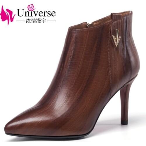 Universe 2017 fashion winter ankle boots slim high heel shoes for ladies pointed toe genuine leather boots G331