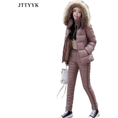 Fashion Two Piece Outfits For Women Long Sleeve Hooded Coat And Cotton pants New Winter Parka Ladies Solid Thick Casual Suit Set