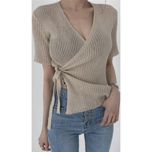 ZCSMLL Korean Sexy Slimming V-neck Side Cross Tie Waist Short-sleeved Knitted Solid Color Sweater Women 2021 Summer Autumn Top