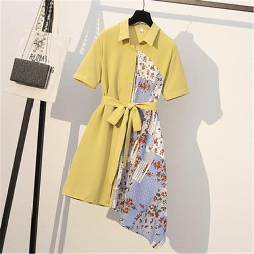 Plus size dress 2020 summer new fashion lapel chiffon stitching was thin irregular irregular dress women