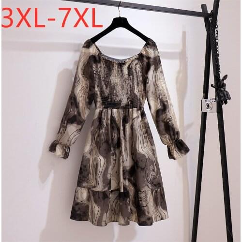 New Ladies Spring Autumn Plus Size Midi Dress For Women Large Long Sleeve Loose Casual Print Retro Bow Dress 3XL 4XL 5XL 6XL 7XL