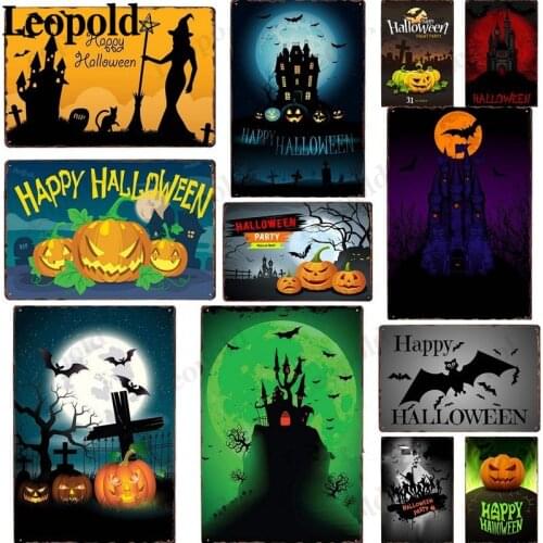 Halloween Vintage Metal Poster Witch Pumpkin Bat Tin Plate Holiday Card Board Home Bar Club Wall Decoration 20X30Cm