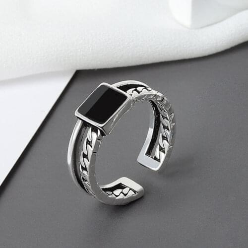 Binmonray 925 Sterling Silver Double Layer Chain Square Rings for Women Drop Glaze Personalized Retro Trend Rings Jewelry Gift