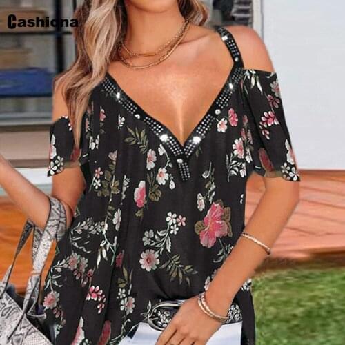 Large Size 5xl Women Fashion Sequins Shirt V-neck Blouse Hollow Out Sleeve Summer Bohemian Flower Print Top Ladies Shirts blusas