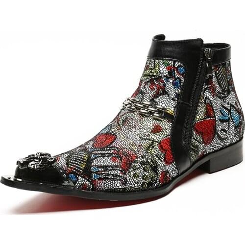 Italian Style Men Boots Red Leather Ankle Boots Pointed Toe Metal Tip Fashion Dress Boots Man Botas Hombre, Big Size 46