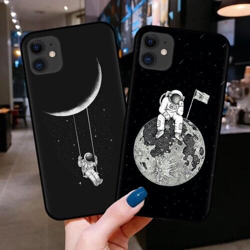 Space Moon Case For iPhone XR XS Max X 11 Pro Cases Black Painted Phone Cover For iPhone 7 8 8Plus 12 Mini Pro Max 2020 Case