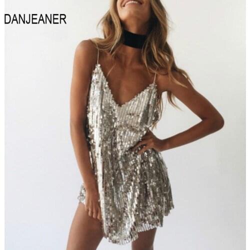 DANJEANER Deep V Neck Silver Sequined Backless Sexy Dress Women Off Shoulder Mini Dress Party Club Strap Dresses Slim Vestidos