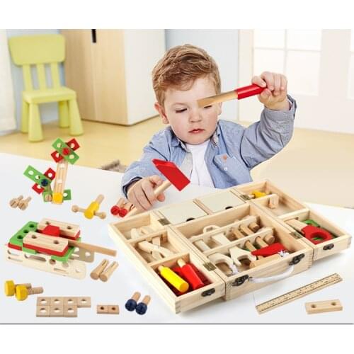 Children Wooden Maintain Tools Suitcase Kit Pretend Toy Baby Wooden Screws Assemble Creative 3D Puzzle Educational Toy Boys Gift