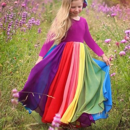 New Fashion Fall Winter Rainbow Long Sleeve Cotton Color Block Cute Baby Girl Cotton Party Dresses for Kids Princess Girls Dress