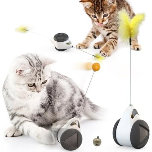 Cat Toy Chaser Interactive Indoor Feather Toy for Kitten Moving Balanced Exerciser Cat Chasing Toy with Catnip Ball