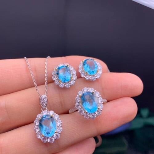 KJJEAXCMY exquisite jewelry 925 Sterling Silver Inlaid Natural Blue Topaz Womens Suit Pendant Ring Ear Studs Gemstone